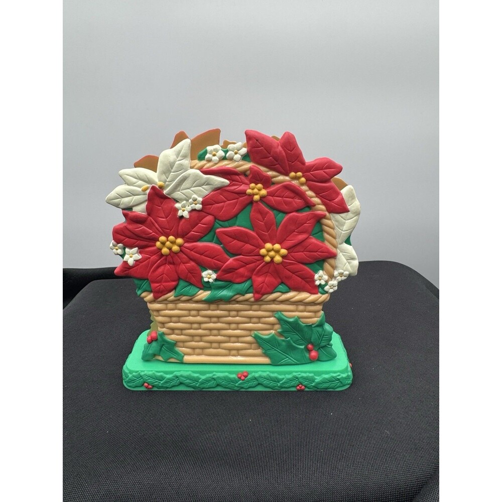 Vintage Christmas Poinsettia Napkin Card Holder Avon Plastic 6"x6" Red Green